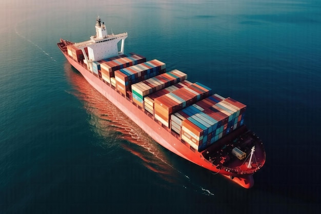 Boeiende luchtfoto van de uitgestrektheid van een vrachtschip beladen met containers op zee