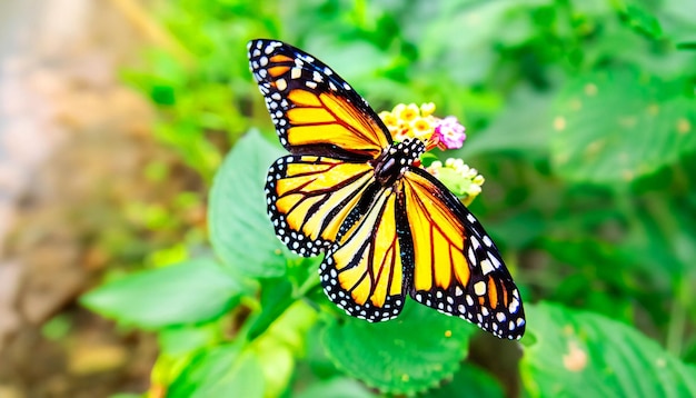 Boeiende momenten in de natuur Monarchvlinder zat op levendige groene plantvrij
