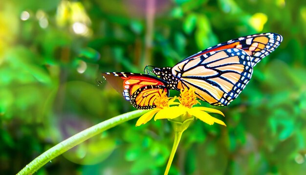 Boeiende momenten in de natuur Monarchvlinder zat op levendige groene plantvrij