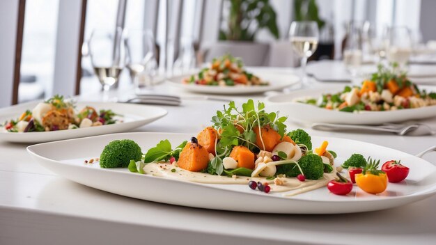 boeiende scène met een mengeling van vegetarische lekkernijen gerangschikt op een ongerepte witte houten tafel in