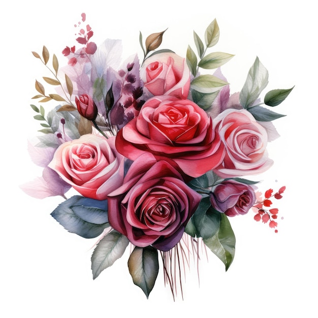 Boeiende schoonheid een boeket van waterverf rozen in High Definition 8K tegen een witte achtergrond