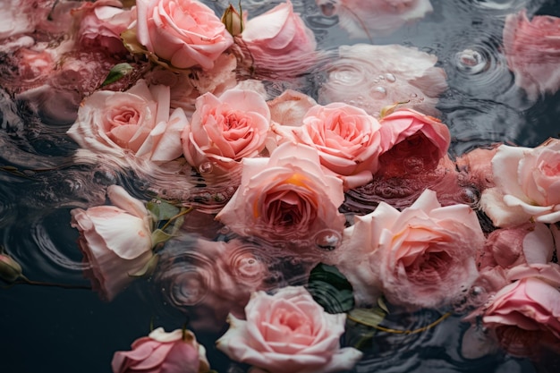 Boeiende schoonheid Rozenbloemen en bloemblaadjes die op het water dansen