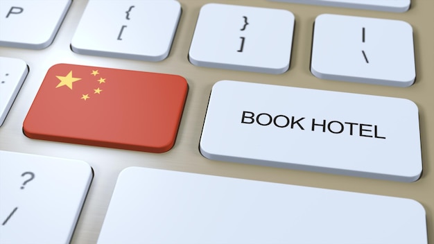 Boek hotel in China met website online Knoop op computertoetsenbord Reisconcept 3D