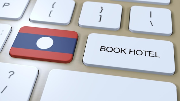 Boek hotel in Laos met website online Knoop op computertoetsenbord Reisconcept 3D