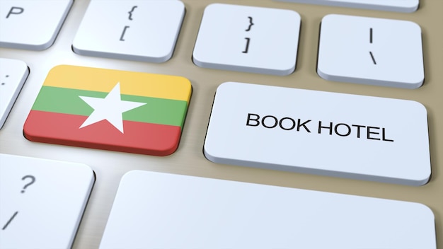 Boek hotel in Myanmar met website online Knoop op computertoetsenbord Reisconcept 3D