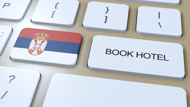 Boek hotel in Servië met website online Knoop op computertoetsenbord Reisconcept 3D