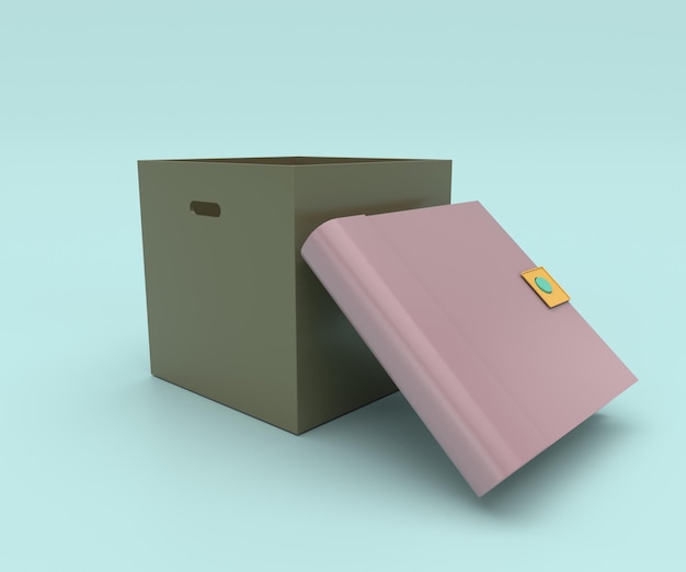 Boek met een bladwijzer en kartonnen open doos 3D-rendering illustratie op Jagged Ice background