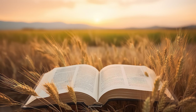 Foto boek open op tarweveld bij zonsondergang