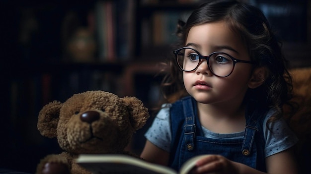 Boeken denken en verhalen vertellen met een meisje in de bibliotheek voor kennis, ontspanning en sprookjes