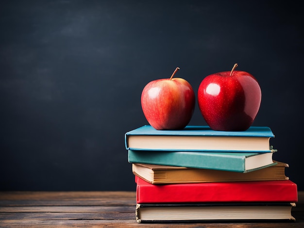 Boeken en een rode appel tegen een bord met de nadruk op backtoschool