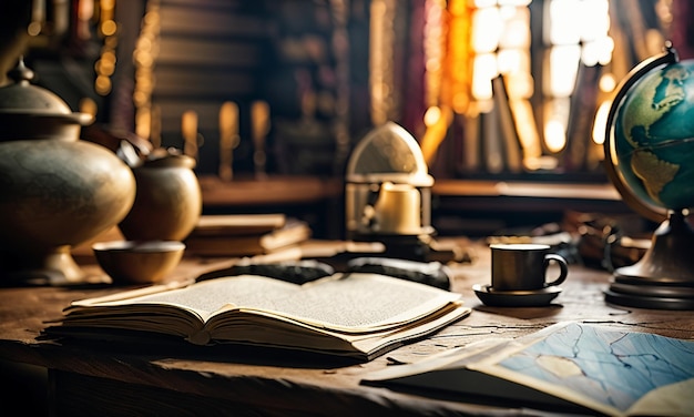 Boeken en kaart schat kaart op de tafel in de studeerkamer