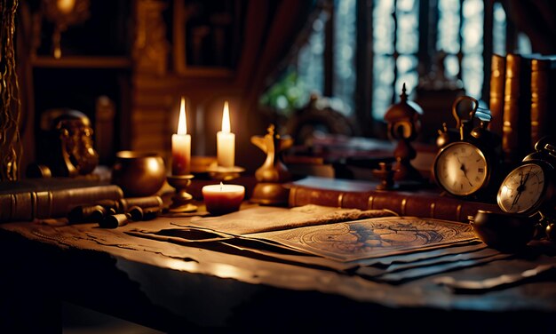 Boeken en kaart schat kaart op de tafel in de studeerkamer