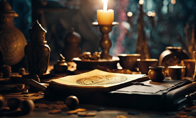 Boeken en kaart schat kaart op de tafel in de studeerkamer