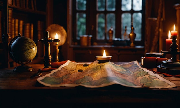 Boeken en kaart schat kaart op de tafel in de studeerkamer