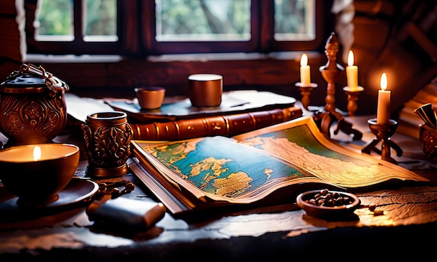 Boeken en kaart schat kaart op de tafel in de studeerkamer