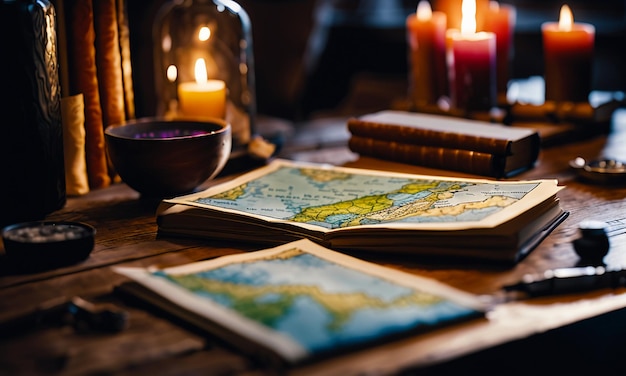 Boeken en kaart schat kaart op de tafel in de studeerkamer