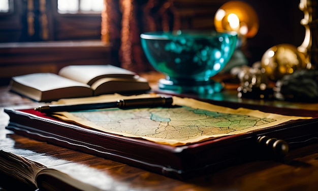 Boeken en kaart schat kaart op de tafel in de studeerkamer