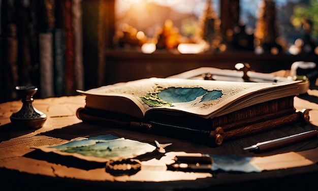 Boeken en kaart schat kaart op de tafel in de studeerkamer