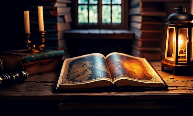 Boeken en kaart schat kaart op de tafel in de studeerkamer