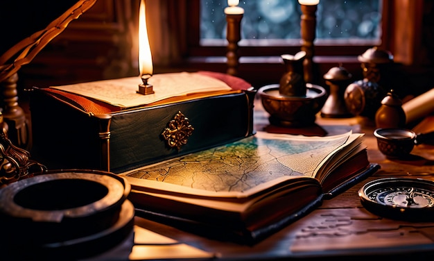 Boeken en kaart schat kaart op de tafel in de studeerkamer