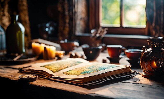 Boeken en kaart schat kaart op de tafel in de studeerkamer