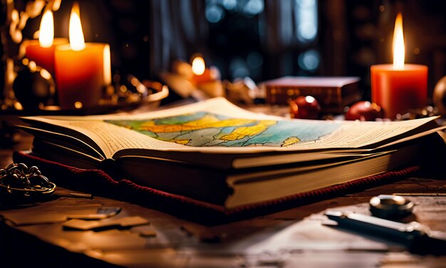 Boeken en kaart schat kaart op de tafel in de studeerkamer