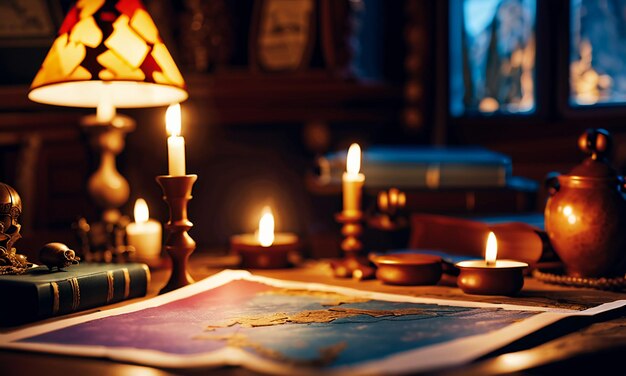 Boeken en kaart schat kaart op de tafel in de studeerkamer