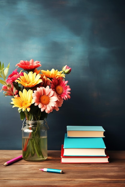 Foto boeken en kleurrijke gerbera's op zwarte achtergrond van een schoolbestuur werelddag voor leraren en studenten