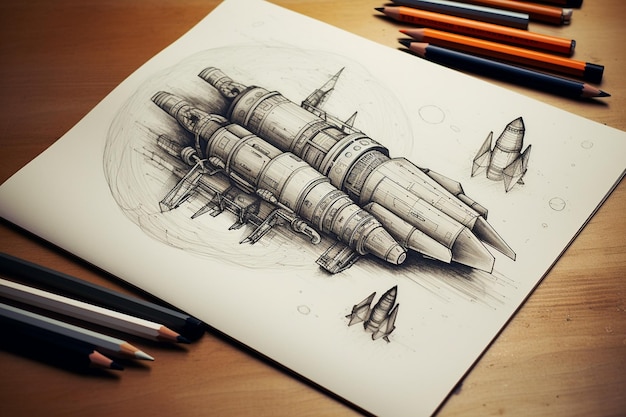 Foto boeken en potloden met rocket sketch generative door ai