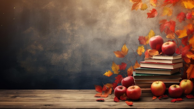 Boeken en rode appels op een houten tafel tegen de achtergrond van herfstbladeren Terug naar school