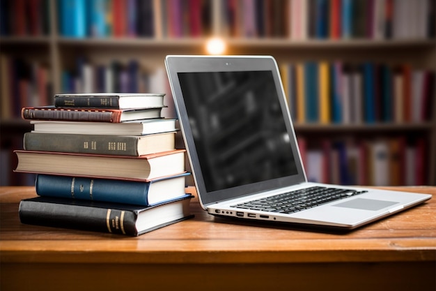 Boeken met laptop op tafel onduidelijke achtergrond