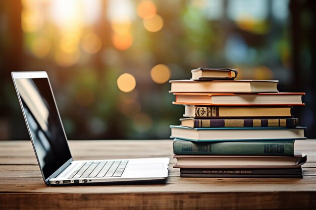 Boeken met laptop op tafel onduidelijke achtergrond