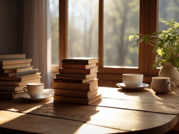 Boeken op de tafel op een zonnige ochtend buiten het raam
