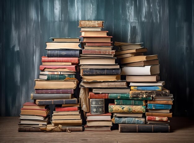 Boeken op een houten tafel in de stijl van gestructureerde chaos