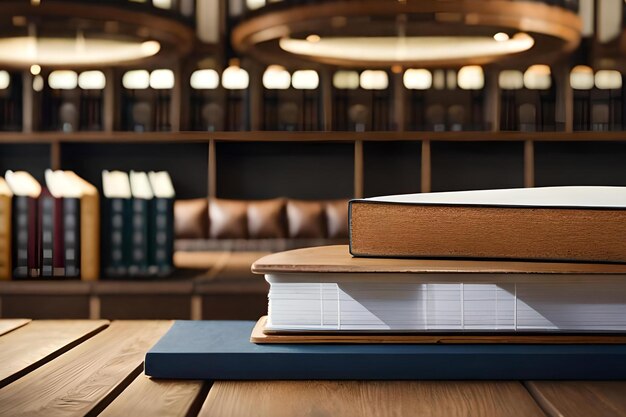 Boeken op een tafel in een bibliotheek met een blauw boek erop.