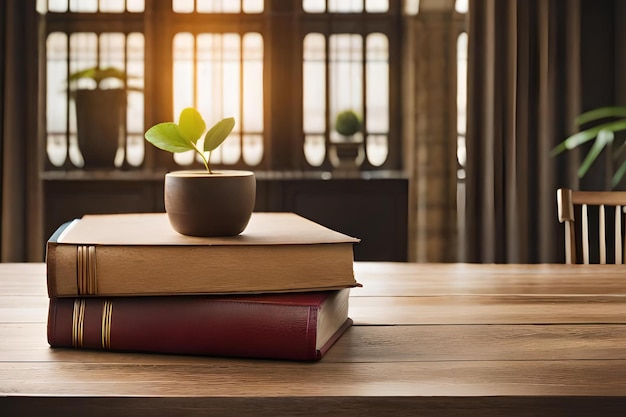 Boeken op een tafel met een plant erop