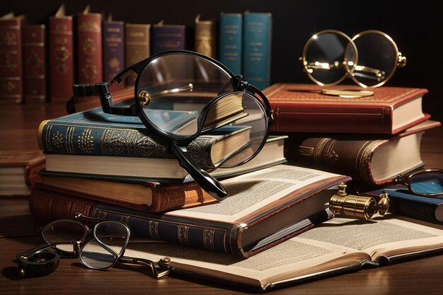 Foto boeken vergrootglas en glazen op tafel