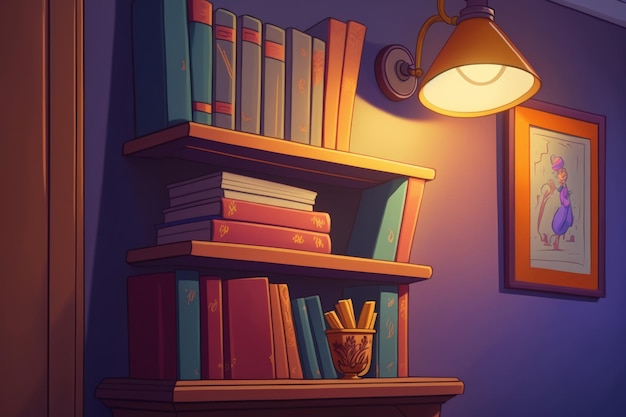 Boekenplank aan de muur met lamp en boeken