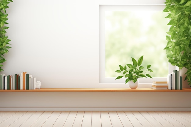 Boekenplank in de lege kamer met groene planten