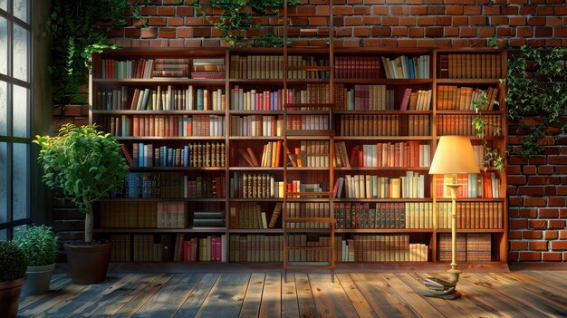 Foto boekenplank op de muur met lamp en boeken