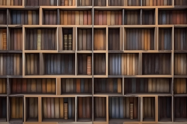Boekenplanken in de bibliotheek met oude boeken Onderwijs leerconcept Generatieve AI