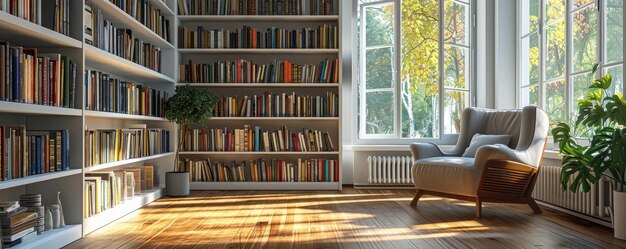 Boekenplanken met fauteuil in het moderne interieur van de kamer De woonkamer ontspannen Bibliotheek of boekenkasten Lezen