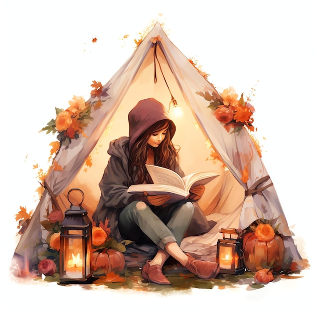Boekenwurmmeisje in de herfst