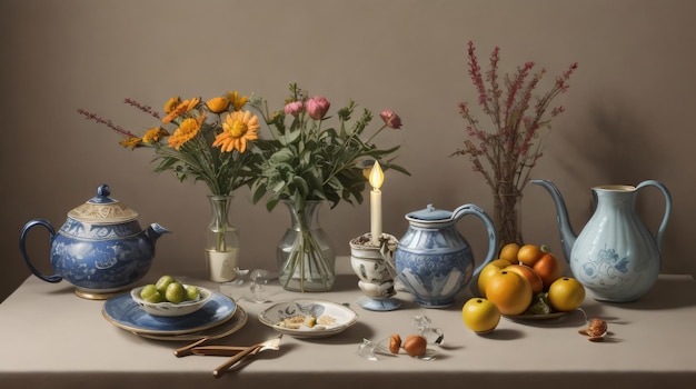 boeket bloemen in een mand stilleven met vruchten en bloemen boeket tulpen en paaseieren