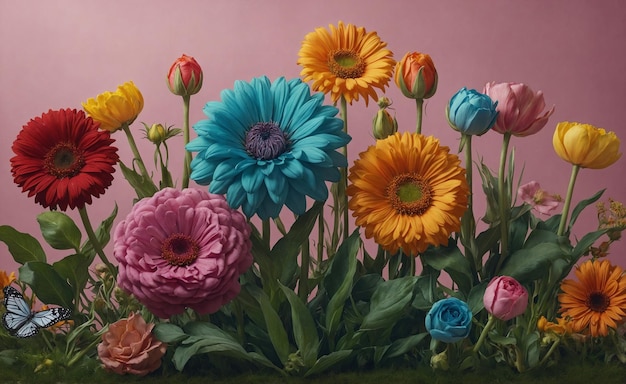 Boeket bloemen in een vaas met een blauwe oranje en gele bloem met ruimte voor tekst