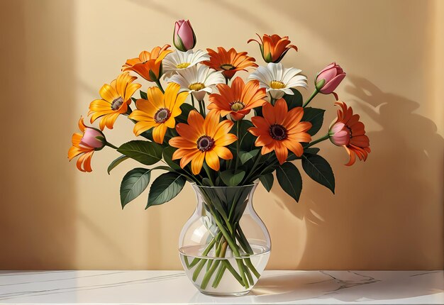 Boeket bloemen in een vaas op de tafel in de kamer.