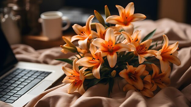 Foto boeket bloemen op een bed naast een laptop generatieve ai