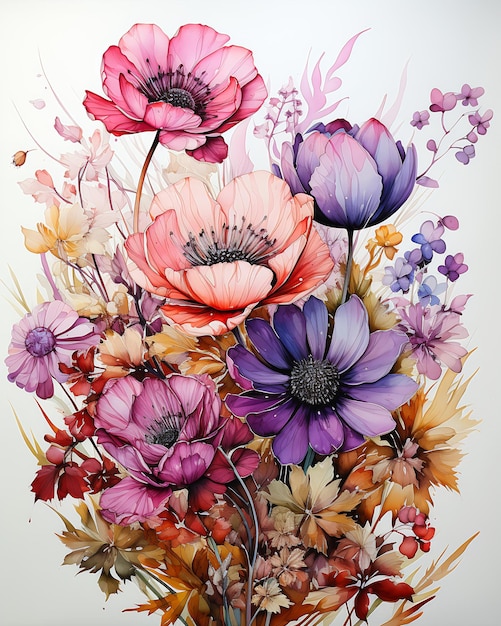 boeket bloemen tafel pastel levendig anemoon illustratie groot canvas inktkleuren zijde fructose