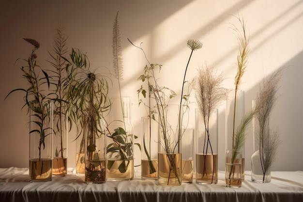 Boeket gedroogde bloemen glazen vaas lichte achtergrond met zonlicht Generatieve Ai