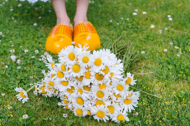 Boeket mooie margrieten in de zomertuin